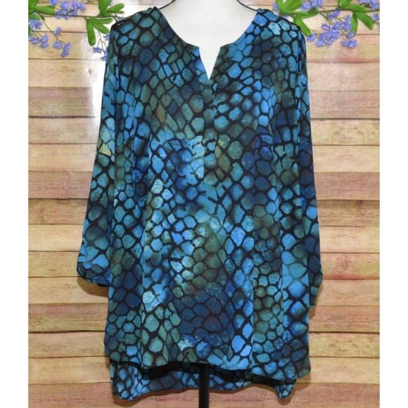 Zac & Rachel Women's Blue Print V-Neck Tab Sleeve Blouse Top Plus Size 2X Lace - Picture 1 of 11